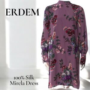Erdem Reformation Mirela Dress 100% Silk Purple Floral Long Sleeve High Dress